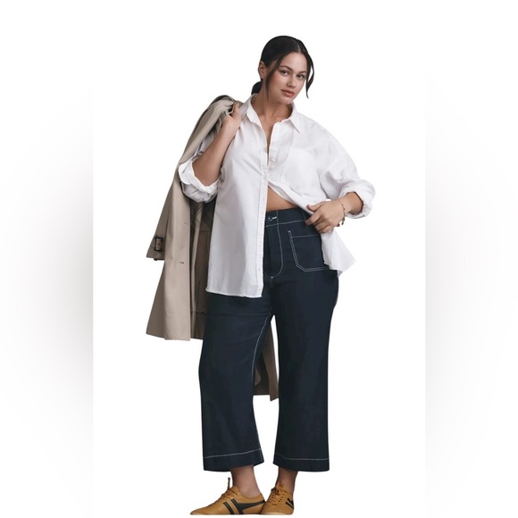 Anthropologie x Maeve The Colette Contrast-Stitch Linen Crop Wide-Leg Pants - Picture 1 of 9